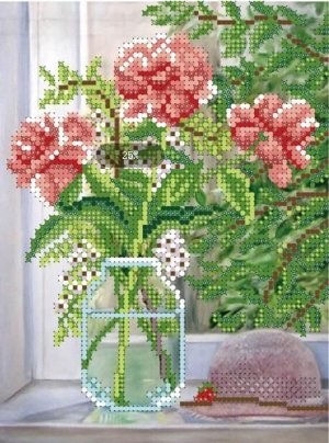 Набор для вышивания бисером 19x25см (частичное заполнение, канва с рисунком) Розовые цветы на окне. Арт. AS046