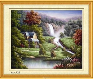 Набор для вышивания бисером 27x35см (частичное заполнение, канва с рисунком) Дом рядом с водопадом Арт.725