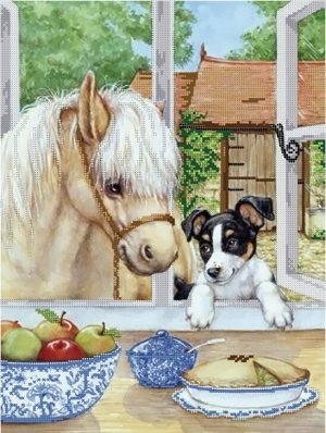 Набор для вышивания бисером 35x45см (частичное заполнение, канва с рисунком) Лошадь и щенок Арт. AS055