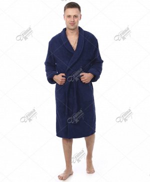 Синий махровый мужской халат с шалькой