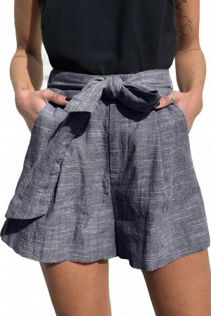 Сине-меланжевая льняная юбка-шорты с поясом-бантом и прорезными карманами
