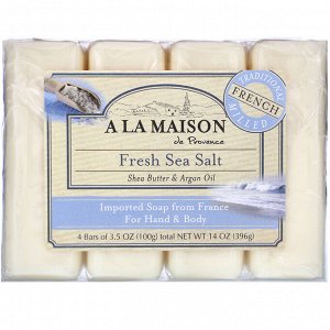 A La Maison de Provence, Мыло для рук & тела, Свежая морская соль, 4 бруска по 3.5 унции