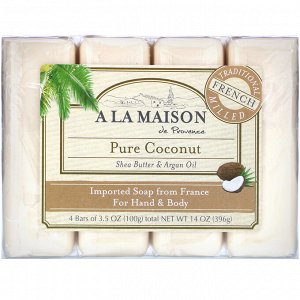 A La Maison de Provence, Мыло для рук &amp; тела, Чистый кокос, 4 бруска по 3.5 унции