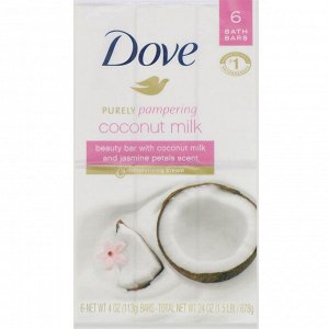 Dove, Косметическое мыло Purely Pampering, аромат «Кокосовое молоко и лепестки жасмина», 6 шт. по 113 г