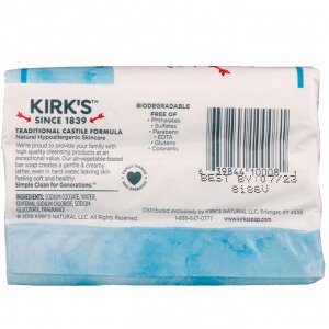 Kirk&#x27 - s, 100% Premium Coconut Oil Gentle Castile Soap, Original Fresh Scent, 3 Bars, 4 oz (113 g) Each