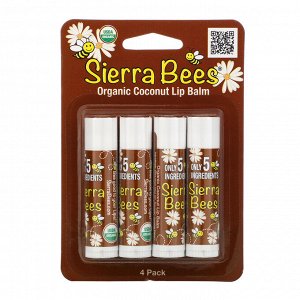 Sierra Bees, Органические бальзамы для губ, кокос, 4 шт. в упаковке, 4,25 г (0,15 унции) каждый