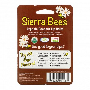 Sierra Bees, Органические бальзамы для губ, кокос, 4 шт. в упаковке, 4,25 г (0,15 унции) каждый