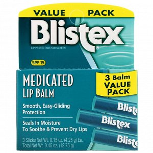 Blistex, Бальзам для губ с лечебным действием, Защита губ / Солнцезащитный фильтр SPF 15, в упаковке 3 бальзама, 0,15 унции (4,2