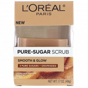 L&#x27 - Oreal, Скраб Pure-Sugar, гладкость и сияние, 3 вида сахара + виноградные косточки, 48 г