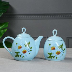 Набор чайный "Петелька", 2 предмета, голубой, цветы, 0.8/0.5 л, деколь микс