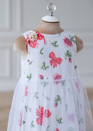 Платье двухслойное из принтованного трикотажного полотна с верхней однотонной мягкой сеткой, цвет белый