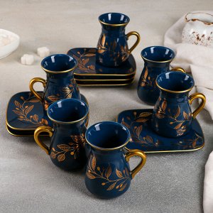 Сервиз чайный 12 предметов «Золотая ветвь»: 6 кружек 120 мл, 8x6,5x9 см, 6 блюдец 14x13 см, цвет синий