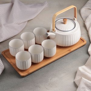 Набор чайный «Бриз», 7 предметов:ичайник 1 л, 6 стаканов 150 мл, на деревянной подставке
