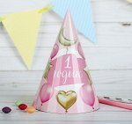 Колпак бумага 1 годик Малышка шарики и звезды цвет розовый набор 10 шт 16 см