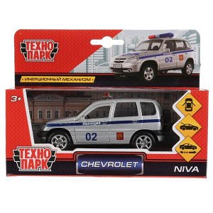 CHEVY-NIVA-POLICE МАШИНА "ТЕХНОПАРК" МЕТАЛЛ. ИНЕРЦ. CHEVROLET NIVA, 12СМ, ОТКРЫВ. ДВЕРИ И БАГАЖНИК В КОР. в кор.2*36шт