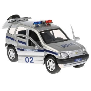 CHEVY-NIVA-POLICE МАШИНА "ТЕХНОПАРК" МЕТАЛЛ. ИНЕРЦ. CHEVROLET NIVA, 12СМ, ОТКРЫВ. ДВЕРИ И БАГАЖНИК В КОР. в кор.2*36шт