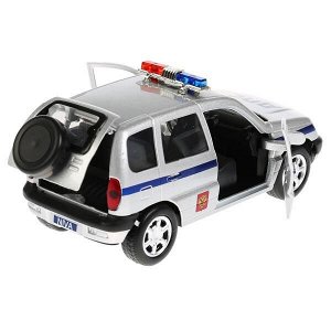 CHEVY-NIVA-POLICE МАШИНА "ТЕХНОПАРК" МЕТАЛЛ. ИНЕРЦ. CHEVROLET NIVA, 12СМ, ОТКРЫВ. ДВЕРИ И БАГАЖНИК В КОР. в кор.2*36шт