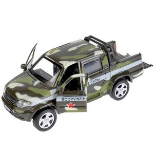 PICKUP-MIL Машина металл UAZ PICKUP ВОЕННЫЙ длина 12 см, двери, багаж, инерц, кор. Технопарк в кор.2*36шт