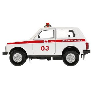 LADA4X4-AMB-SL Машина металл свет-звук "LADA 4x4 СКОРАЯ" 12см, открыв. двери, инерц. в кор. Технопарк в кор.2*36шт