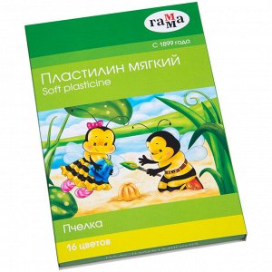 Пластилин восковой мягкий Гамма "Пчелка", 16 цветов, 240г, со стеком, картон. упак.