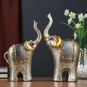 Сувенир полистоун "Два слона с попоной-кальчугой" набор 2 шт 26,5х7,5х16,5 см