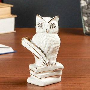 Сувенир керамика "Мудрая сова на книгах" белый. со стразами. 13.2х6.7х7.5 см
