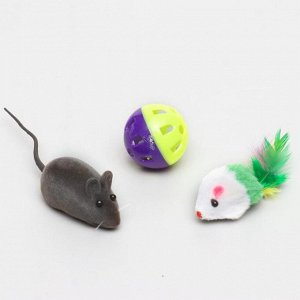 Набор игрушек для кошек: 2 мыши (5 и 6 см) и шарик 3,8 см, микс цветов