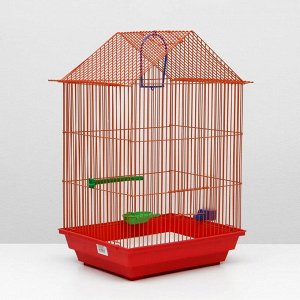 Клетка для птиц большая, крыша-домик, комплект, 34 х 28 х 54 см, красный/оранжевый