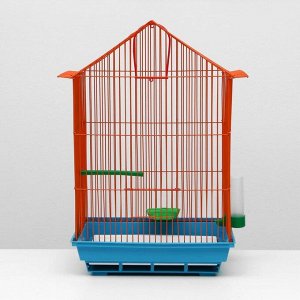 Клетка для птиц большая, крыша-домик, комплект, 34 х 28 х 54 см, голубой/оранжевый