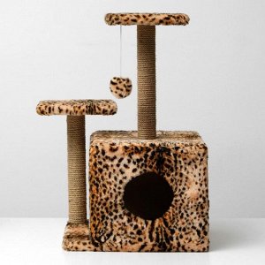 Домик-когтеточка «Квадратный трёхэтажный с двумя окошками», джут, 45?47?75 см, леопард