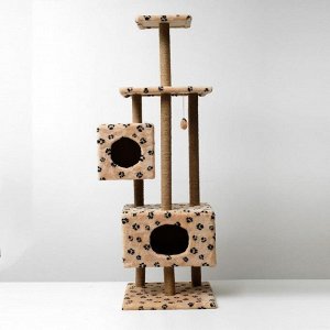 Домик-когтеточка "Квадратный с площадкой и полкой" для кошек, 65х51х173 см, бежевая с лапкам