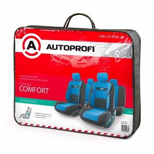 Авточехлы универcальные AUTOPROFI COMFORT COMBO, CMB-1105 BK/BL (M), мультиконтурные, формованный велюр, набор из 11 предметов, цвет чёрный/синий