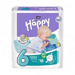 Подгузники детские happy junior extra, вес 16+ кг.,18шт