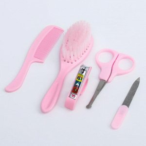 Набор по уxоду за ребёнком, 5 предметов: щётка, расчёска, безопасные ножницы, пилочка и щипчики для ногтей, цвет розовый