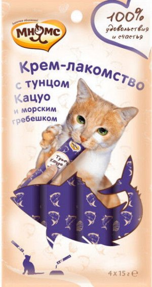 Мнямс Кремовое лакомство для кошек с тунцом Кацуо и морским гребешком 15г*4шт Упаковка