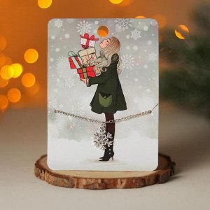 Кулон "Новогодний" девушка с подарками, цвет серебро, 42 см
