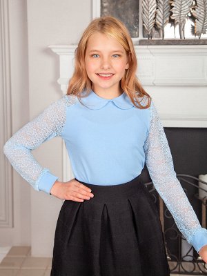 Блузка школьная однотонная для девочки длинный рукав цвет Голубой