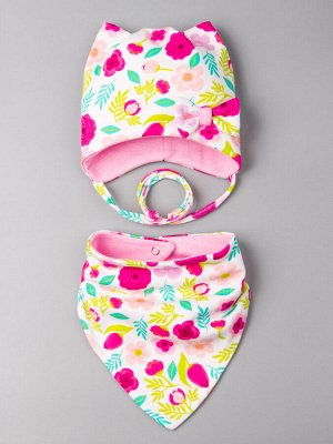 Шапка трикотажная для девочки на завязках, бантик + снуд, цветочки, светло-розовый