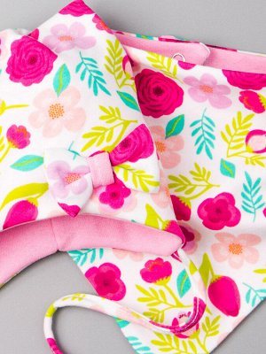 Шапка трикотажная для девочки на завязках, бантик + снуд, цветочки, светло-розовый