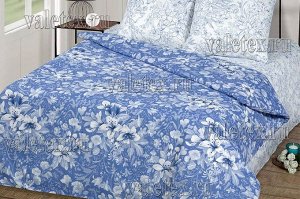 Постельное белье из светло-синей бязи эксклюзив Эдита с белыми цветами и белым контрастным компаньоном
