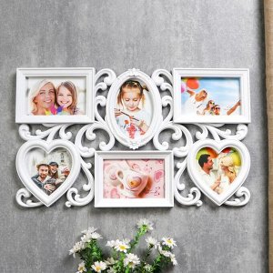 Фоторамка-коллаж на 6 фото 10x15, 12x12 см «Завитки», пластик, мультирамка, белая, 31.5x53 см