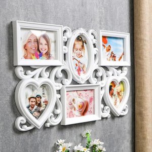 Фоторамка-коллаж на 6 фото 10x15, 12x12 см «Завитки», пластик, мультирамка, белая, 31.5x53 см