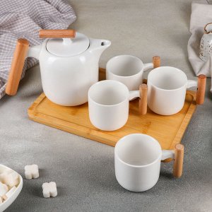Набор чайный на деревянной подставке , 5 предметов: чайник с ситом 600 мл, 4 кружки 200 мл, 10,5x7x6,5 см