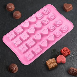Форма для льда и шоколада "Подарок, сердце, роза", 24 ячейки (2,6-2,6-2 см), цвет МИКС
