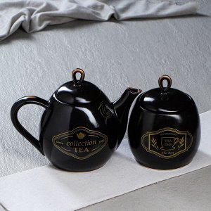 Чайный набор "Петелька" чайник 1,3 л и сахарница 0,8 л, черная глазурь, чай бронза