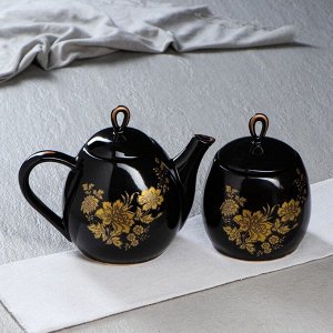Чайный набор "Петелька" чайник 1,3 л, сахарница 0,8 л, черная глазурь, деколь бронза