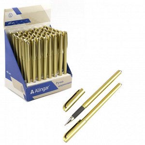 Ручка шариковая, Alingar, синяя, 0,5 мм., игольчатый наконечник, резиновый грип, корпус пластиковый золото