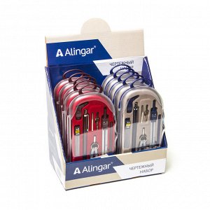 Готовальня Alingar, 9 предметов, металлический циркуль 105 мм, пластиковый футляр, европодвес