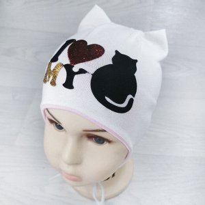 Вн1146-32 Шапка трикотажная на завязках с ушками I love my cat молочная