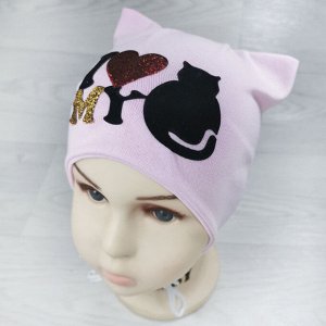 Вн1146-36 Шапка трикотажная на завязках с ушками I love my cat нежно-розовая